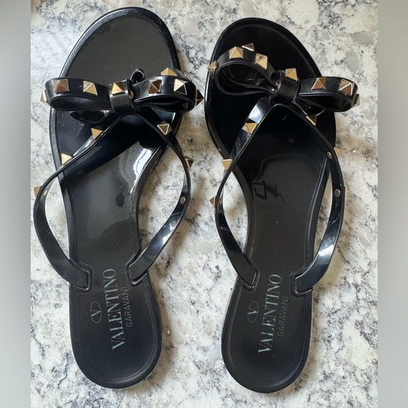 Valentino Garavani Shoes - Valentino Garavani Rockstud Black and Gold Bow Sandals
